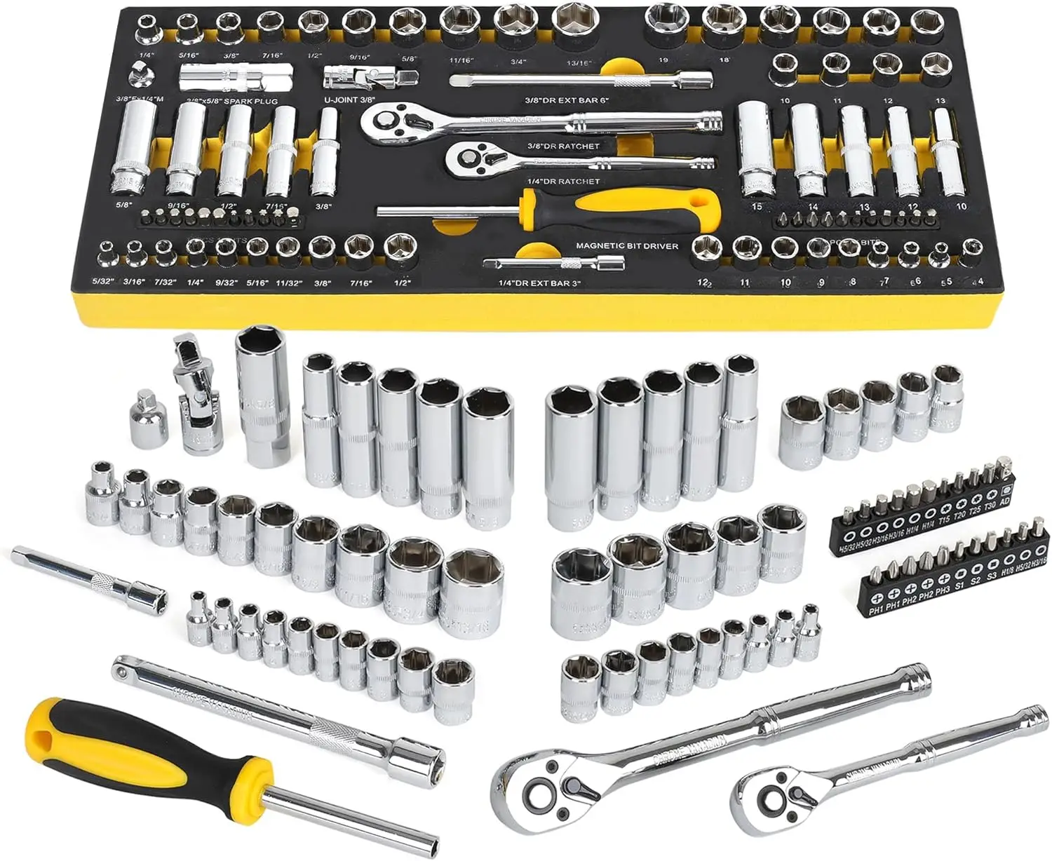 

79-Piece 1/4' & 3/8' Drive Impact Socket Set, Metric & SAE, 6-Point, CR-V, EVA Tray, Deep & Standard, for Home Maintenance