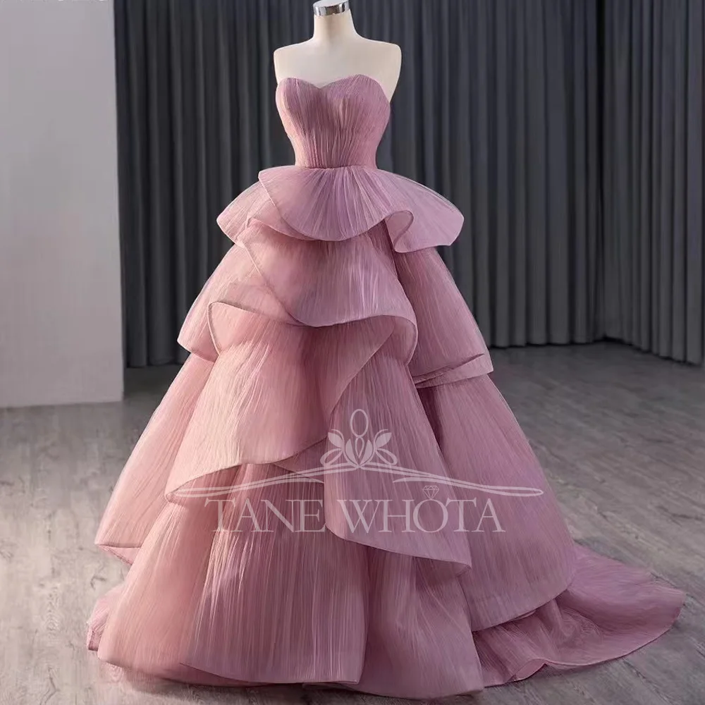Pink Sweetheart Sleeveless Evening Dress Lace-Up Back Tiered Customizable Special Occasion Gown For Women