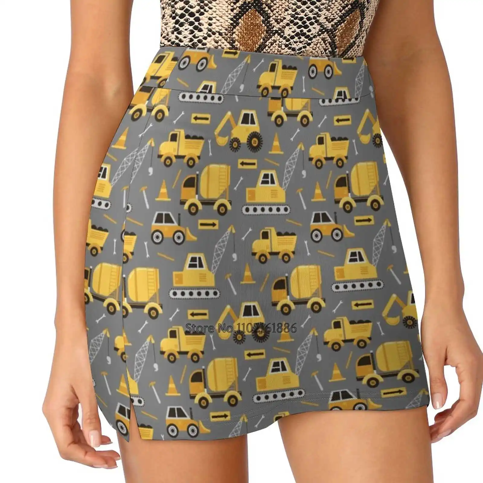 Construction Trucks On Gray New Women Skirts Double-Layer Printed Short Dress Mini Sport Skirt Construction Truck Trucks Crane