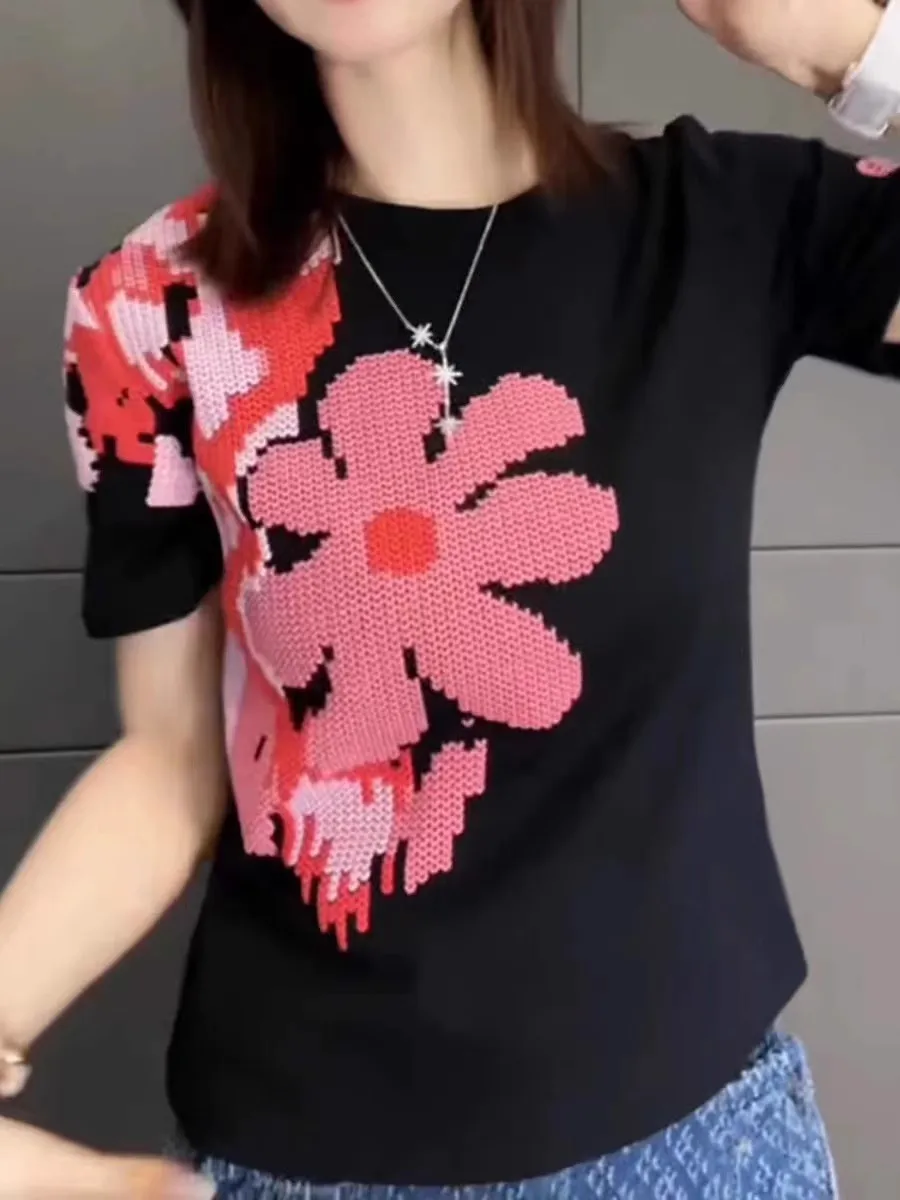 Camiseta com Estampa Floral ort Sve T-irt ex Verão Casual Slimming Lazy Faion Top para Jovens Homens e Mulheres