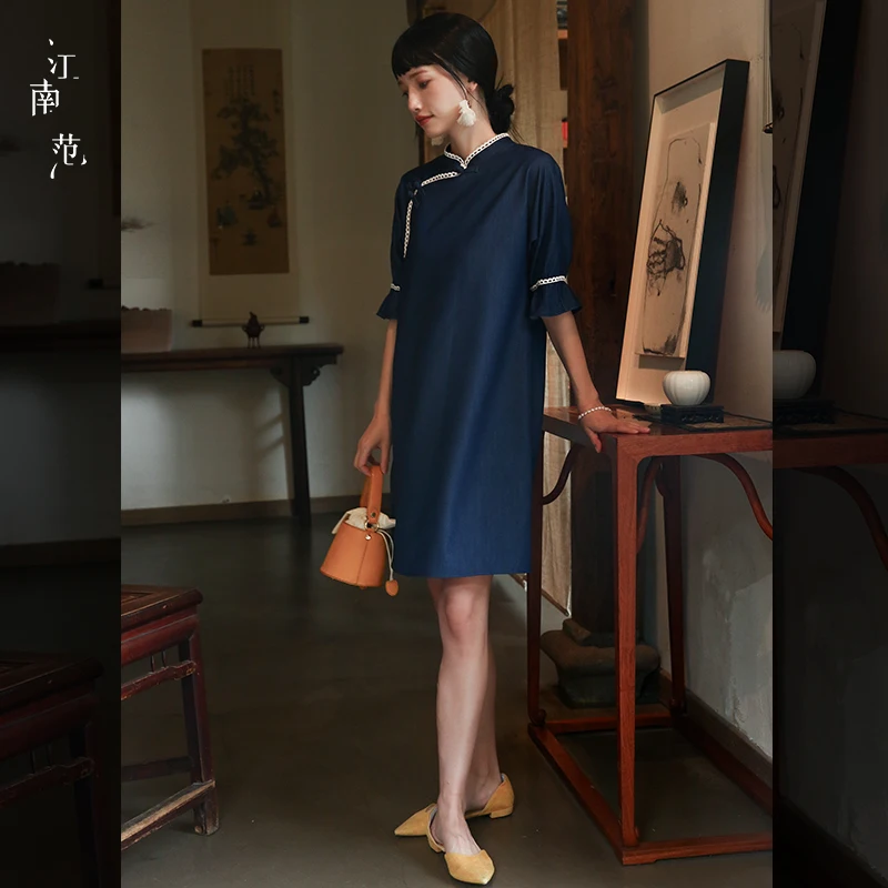 

Современная джинсовая синяя повседневная модная обновленная женская одежда в китайском стиле для молодых девушек, маленький размер