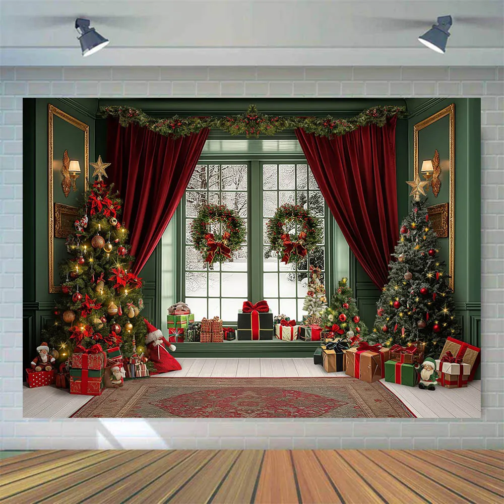 Mocsicka Christmas Backdrop Indoor Red Curtain Window Snow Scene Xmas Tree Wooden Floor Children Photo Background Shooting Props