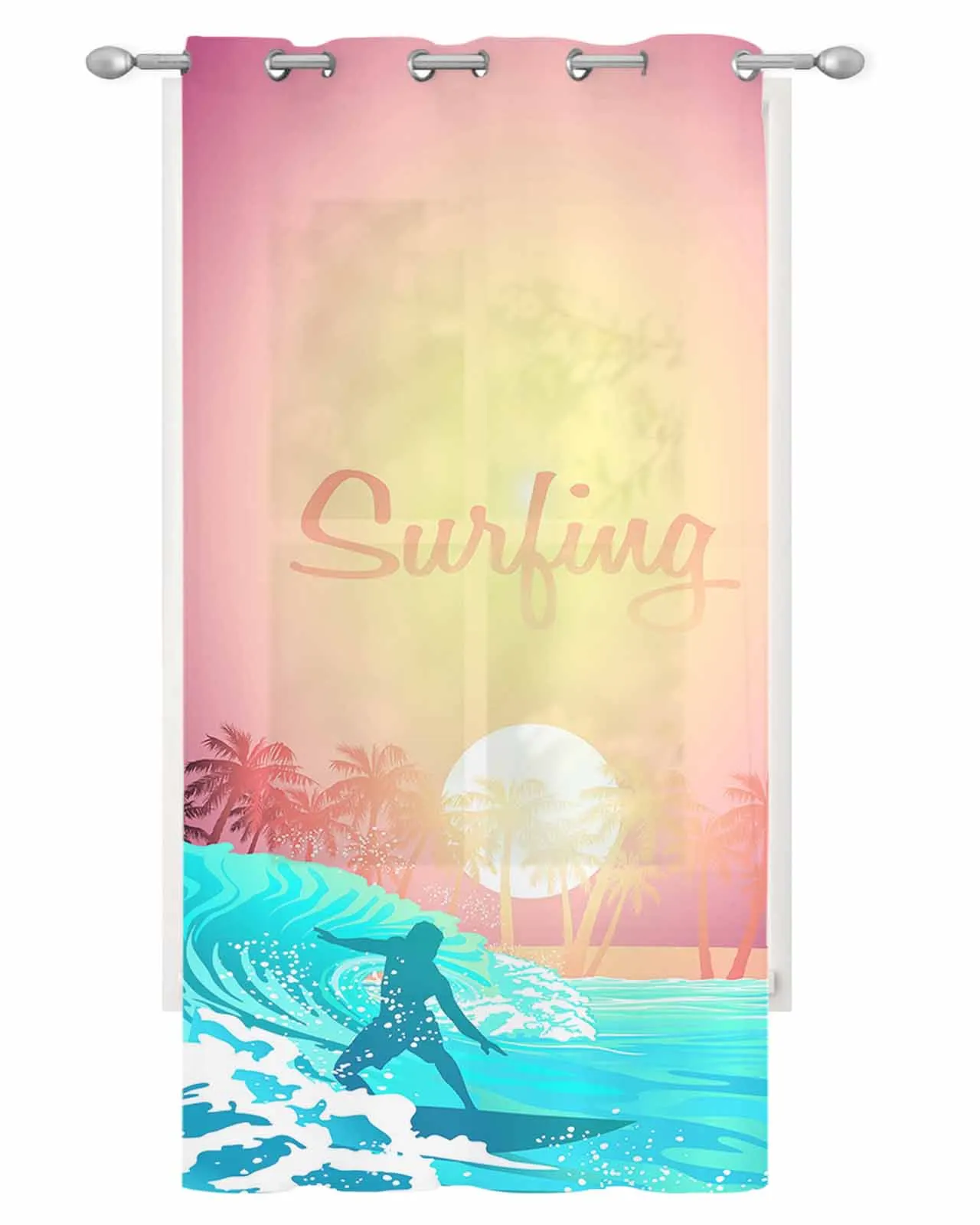 Surfing Waves Sunset Coconut Trees Tulle Drapes Living Room Bedroom Sheer Window Curtains Kitchen Balcony Modern Voile Curtains