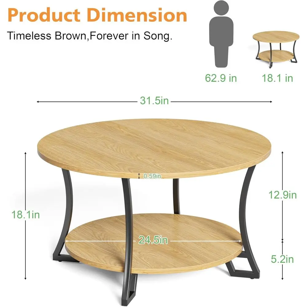 طاولة قهوة مستديرة لغرفة المعيشة 31.5 صديقة للتخزين، خشب، سهلة التجميع، طبيعية، قطر 31.5 × ارتفاع 17.7