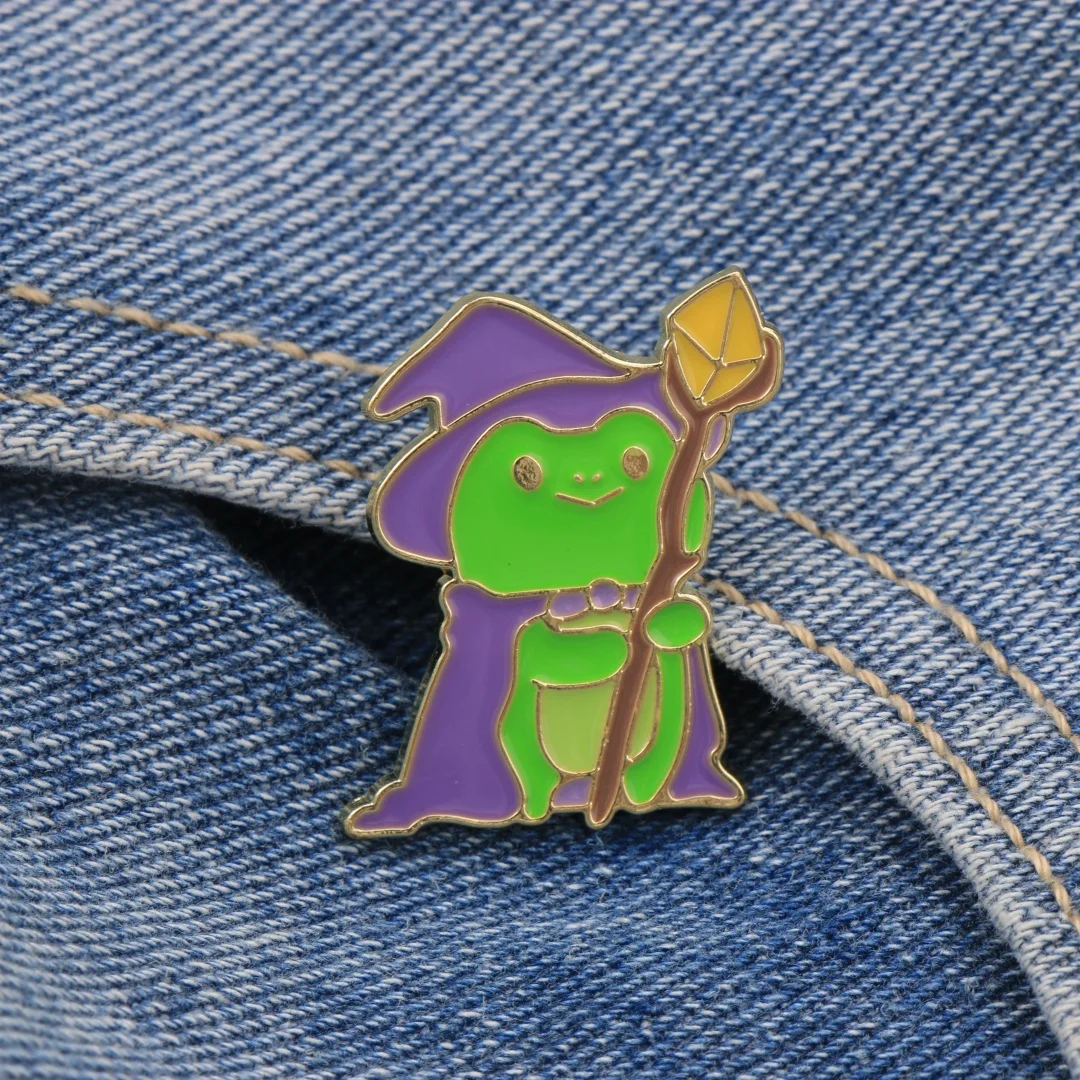 Wizard Frog Magic Crystal Staff Enamel Lapel Pin Cartoon Witchy Amphibian Metal Badge Backpack Clothes DecorPinFantasyLover Gift