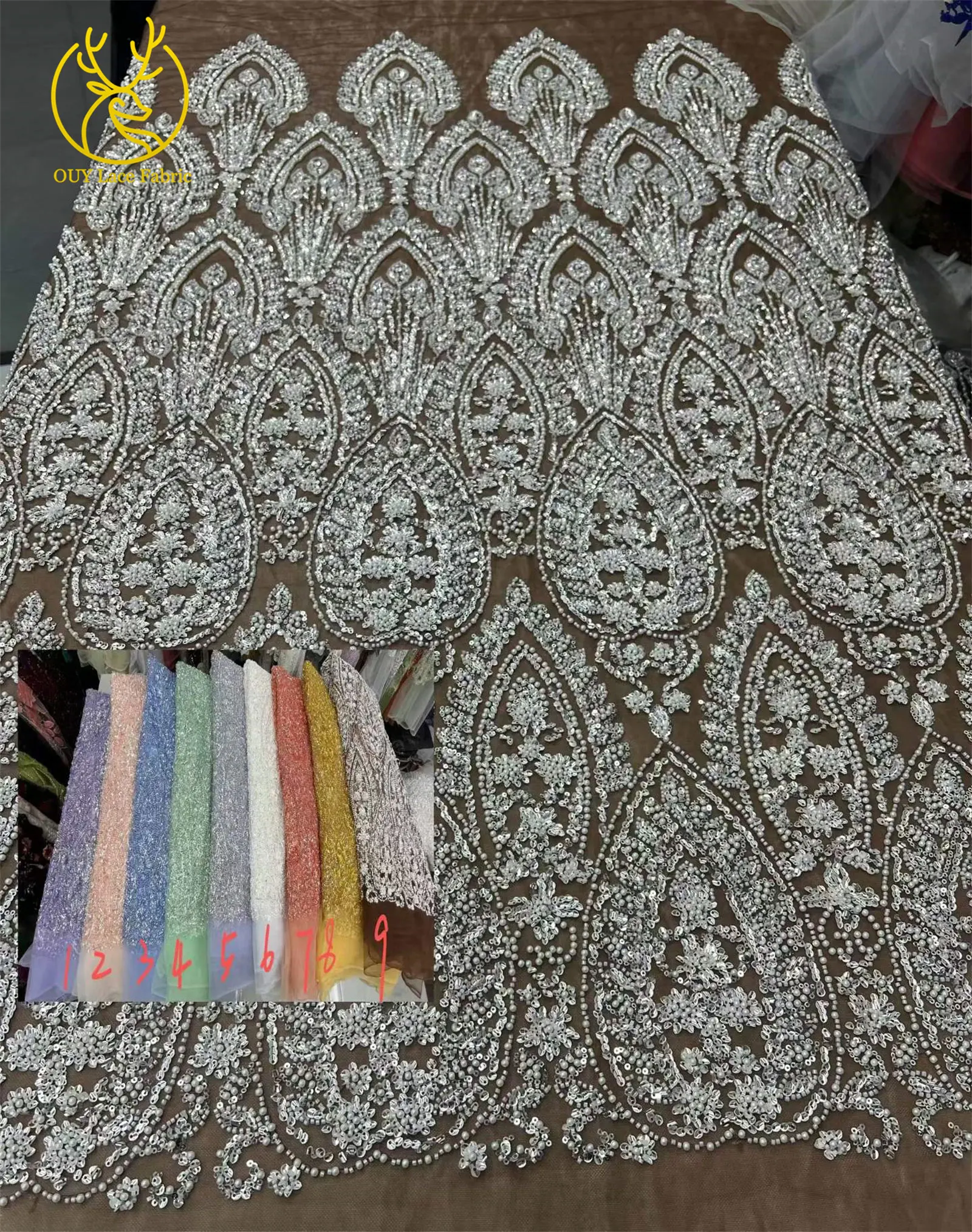 Nigerianischer Exquisiter Luxuriöser Spitzenstoff 2026, 5 Yards Afrikanischer Spitzenstoff mit Französischen Pailletten und Perlen, Tüllstoff für Kleider und Näharbeiten – Detail 4