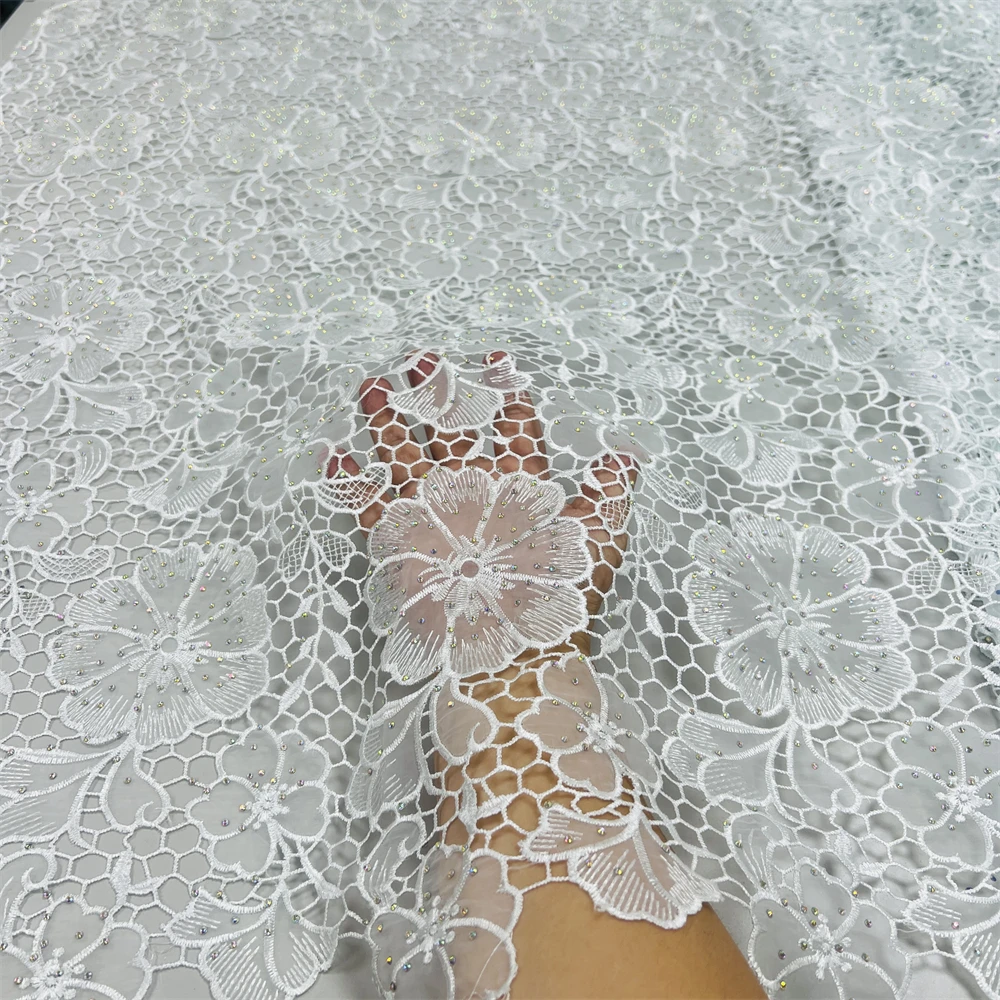 Organza Lace Fabric Cord Embroidery White French Lace With Stones Soft Dry Lace Women Dress Fabrics 5 Yards