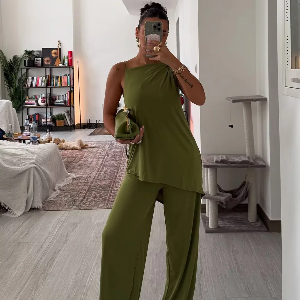 

2025 new women's casual and elegant design with European and American style pleated asymmetrical sleeveless top&pants set