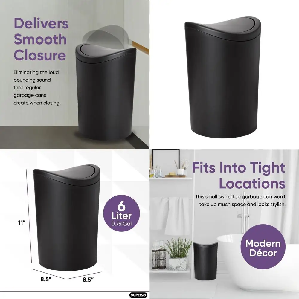 

Contemporary Matte Black 1.5 Gallon Swing-Top Trash Bin for Compact Spaces