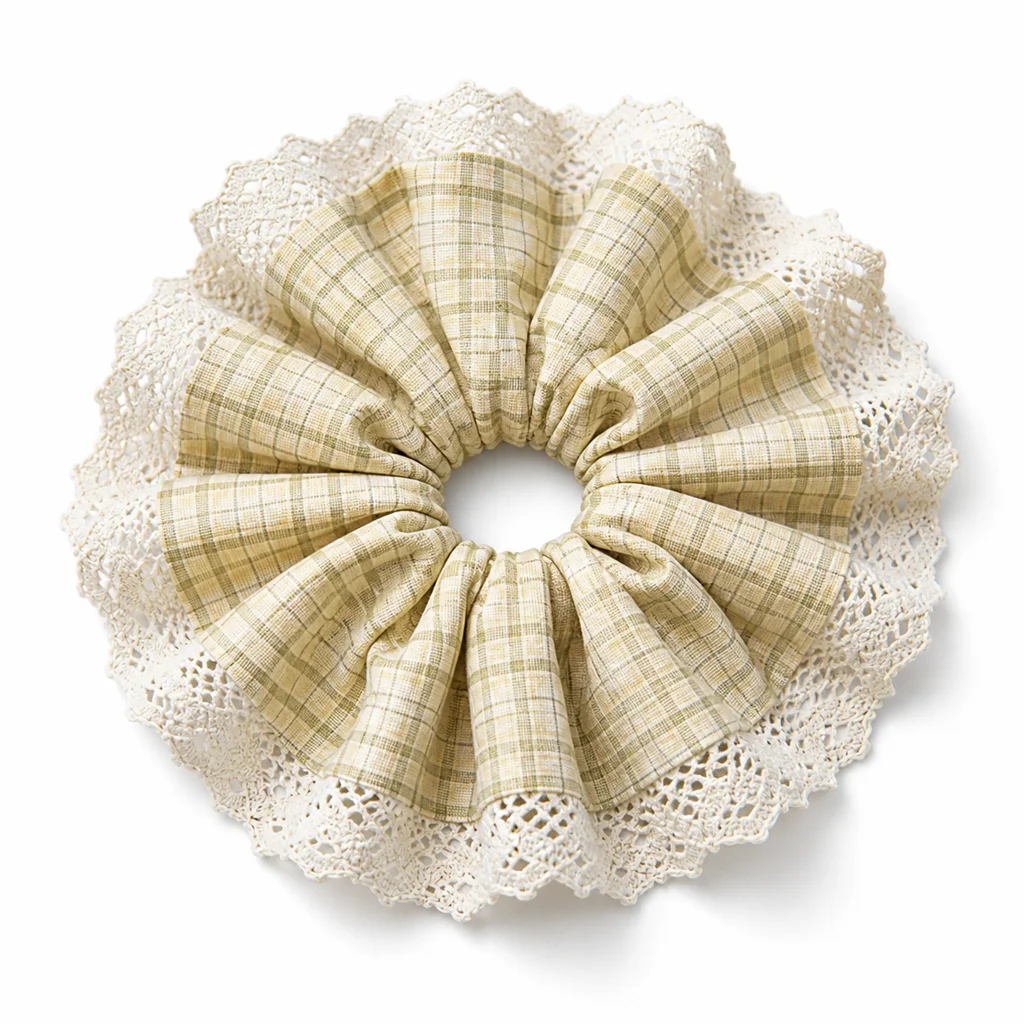 ivory-olive-gingham-crochet-lace-single-layer-scrunchie-oversized-handmade-hair-tie-for-women
