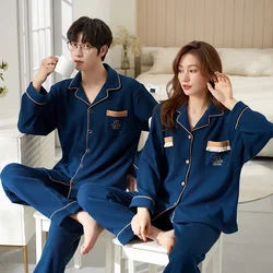 New Couple Long Sleeve Pants Pajamas Knitted Cotton Cardigan Men Women Fashion Sleepwear for Youth Lovers pyjamas homme feminino