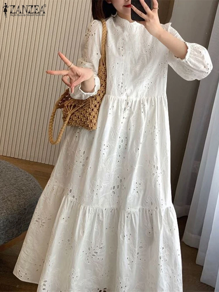 

ZANZEA Women Dress Summer Vacation Vintage Lace Sundress A Line Hallow Out Party Vestidos 2025 Solid Casual Mid-Calf Robe