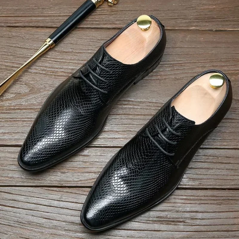 High Quality Fish-scale Pattern Black Leather Formal Shoes For Men Italian Pointed Toe Man Dress Shoes Luxury Wedding Shoes