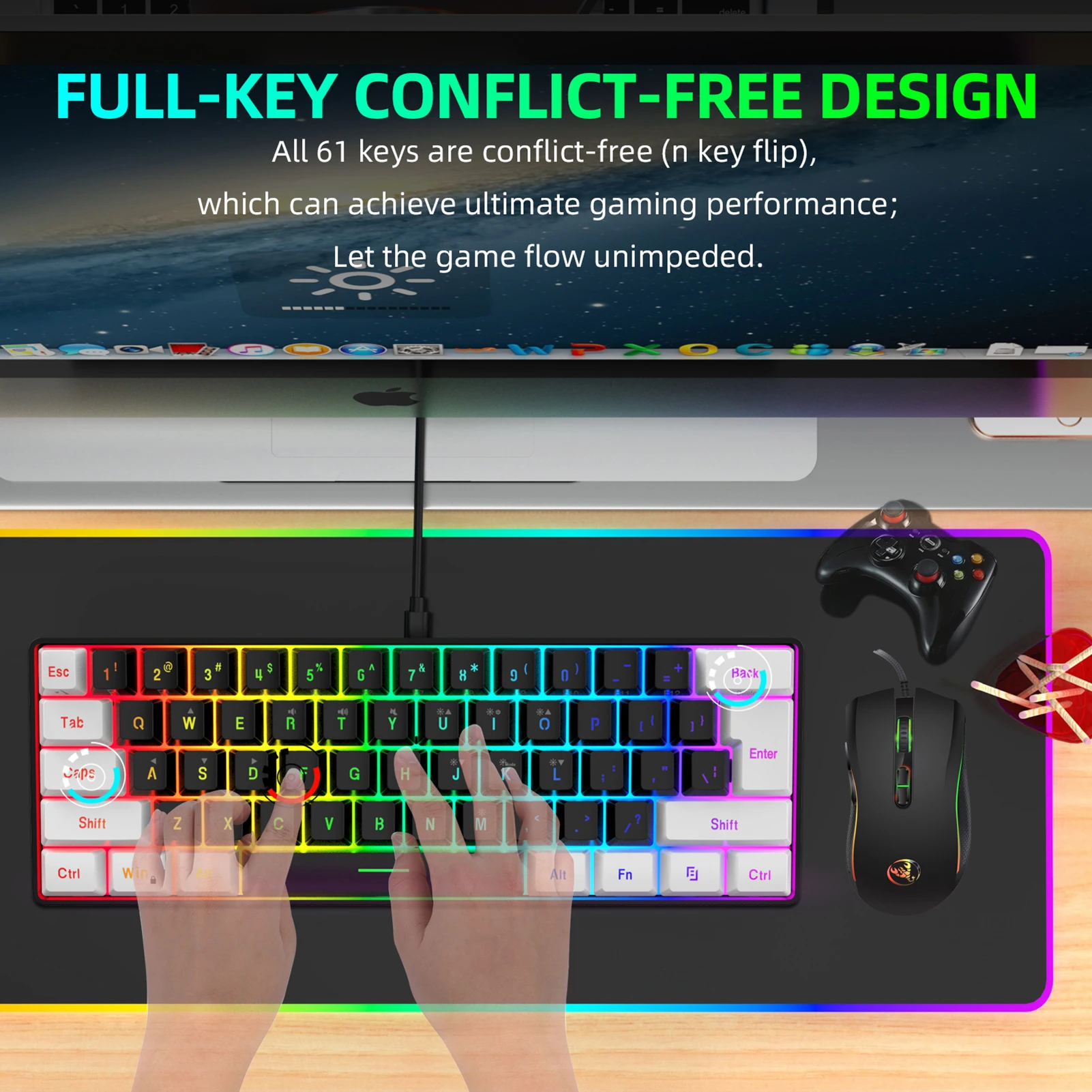 ZK30 HXSJ V700BW + A869 Kit de teclado e mouse de computador USB, iluminação LED com luz de fundo RGB com fio de 61 teclas 3200DPI para laptops PC