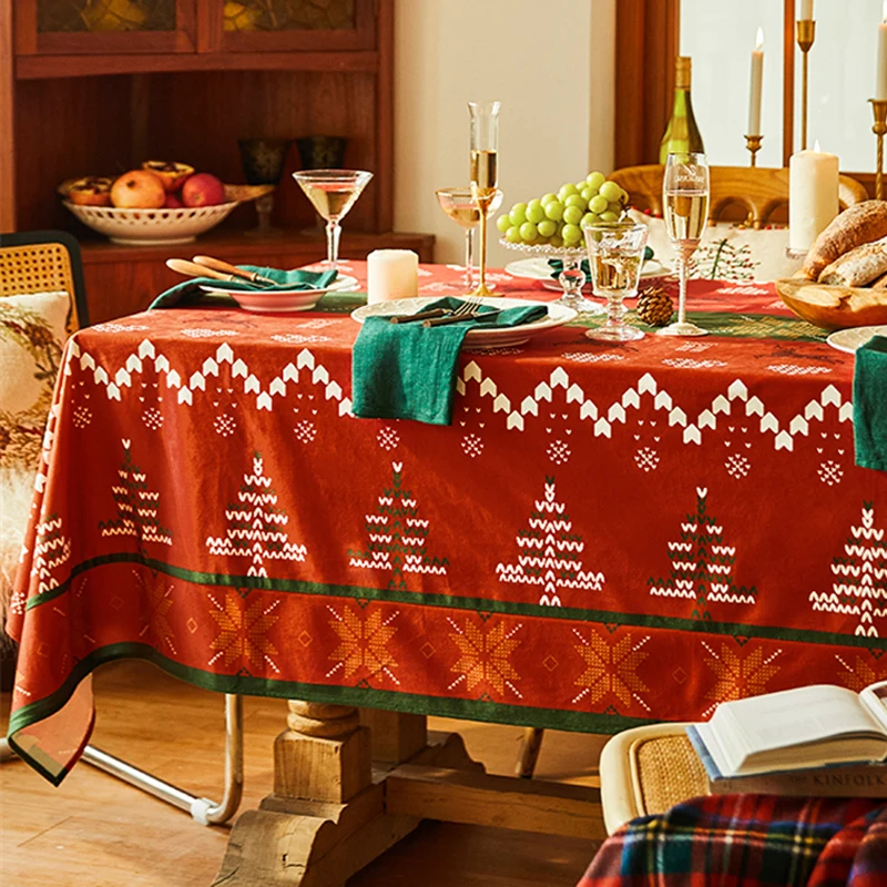 Christmas Decor Red Table Cloth Luxury Christmas Rectangular Tablecloth New Year Plush Waterproof Diningtable Cloth Customized