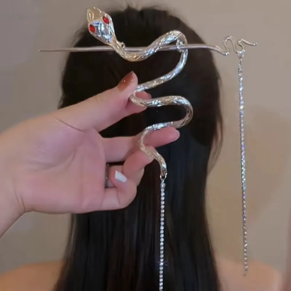 Trendy Winding Twine Snake Hairpin Warp Long Tassel Chinese Rhinestone Headwear Hair Stick Punk Style Hair Insert