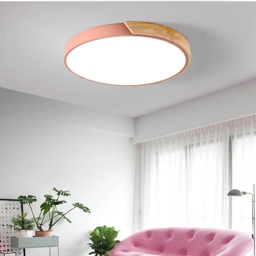 Wooden Edge LED Ceiling Light Modern Circular  Macaron Lighting Fixtures Living Room Bedroom Study Balcony Decoration Lighting