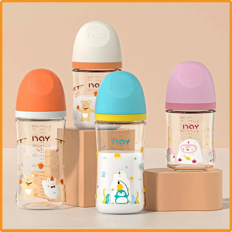NAY Colorful Cartoon Print Glass Baby Bottle, Anti‑Choking Anti‑Colic Newborn Feeding Bottle 160ml 240ml For 0‑9 Months Infant
