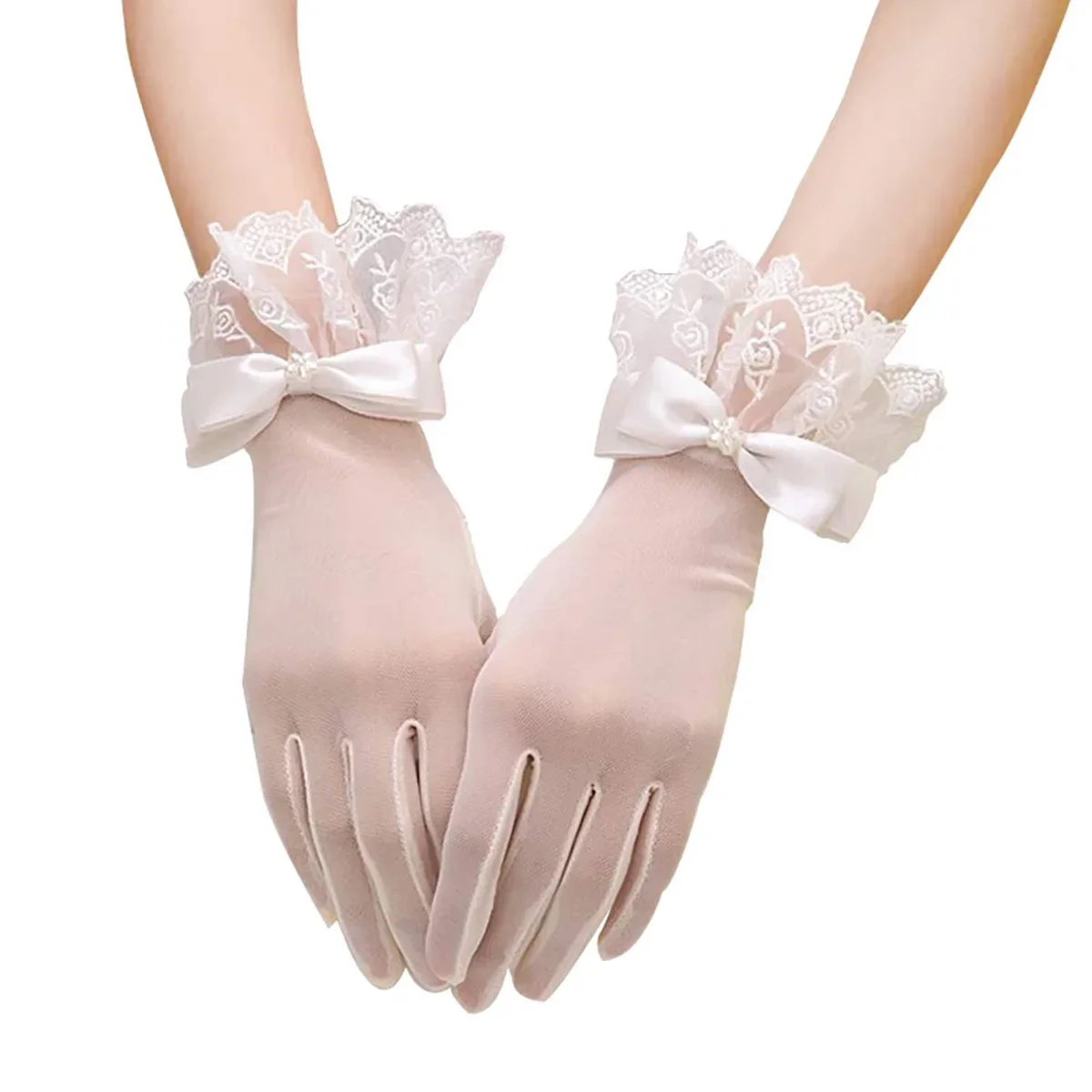 

Bridal Wedding Lace Pearls Short Tulle Gloves Tea Party for Women Evening Formal