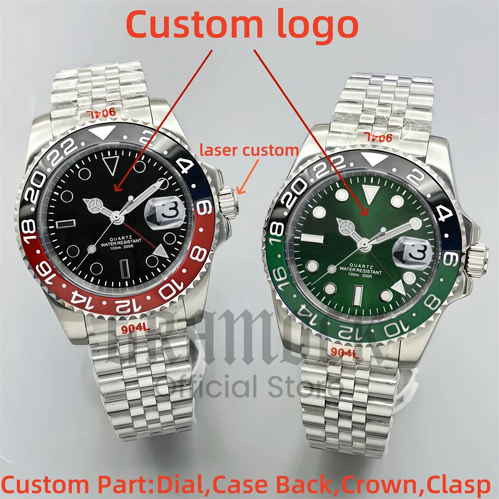 Custom Men's 40MM GMT Mechanical Watches Green Sunberst Dial Jubilee Steel Watch For Men Sapphire Glass Waterproof Reloj Hombre