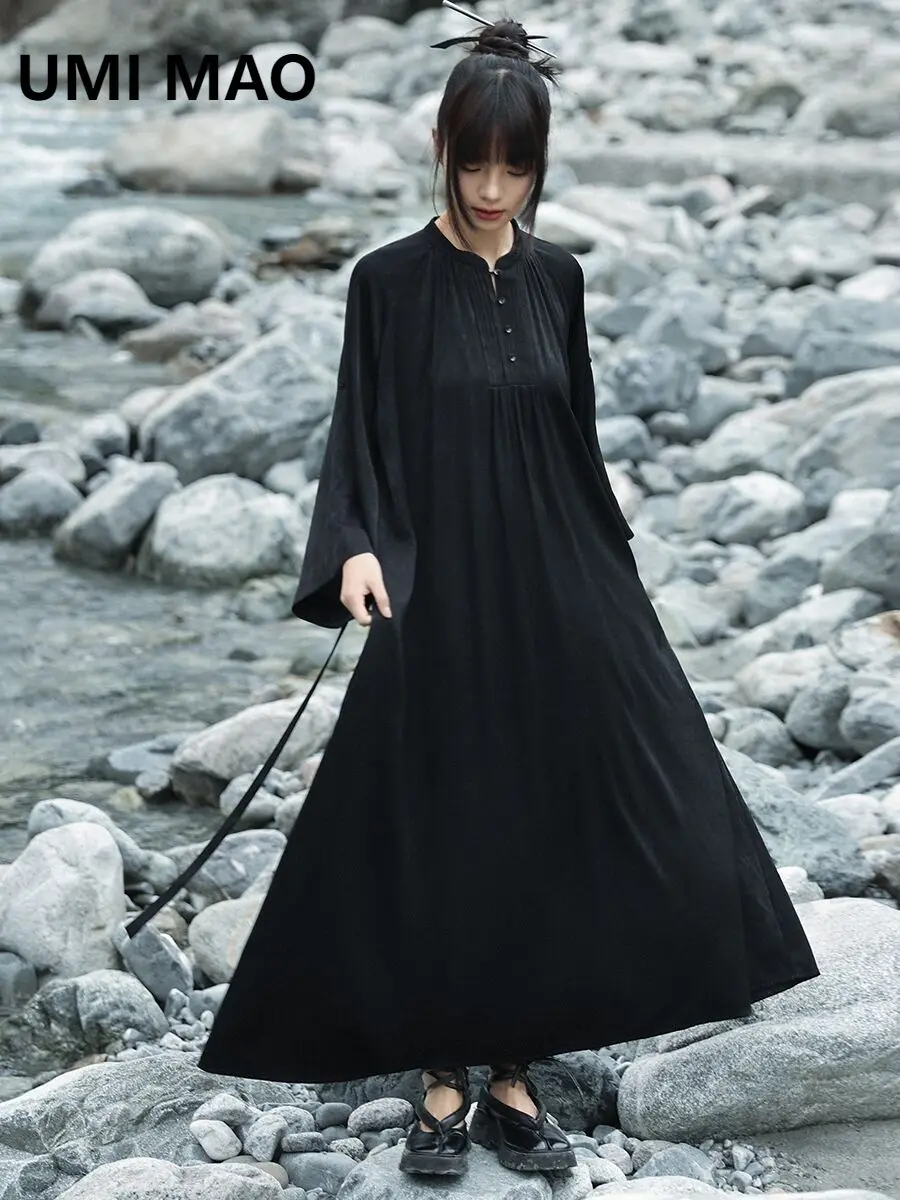 

UMI MAO темное платье с рукавами реглан для женщин, летние новые стильные свободные платья с воротником-стойкой и средними рукавами Femme