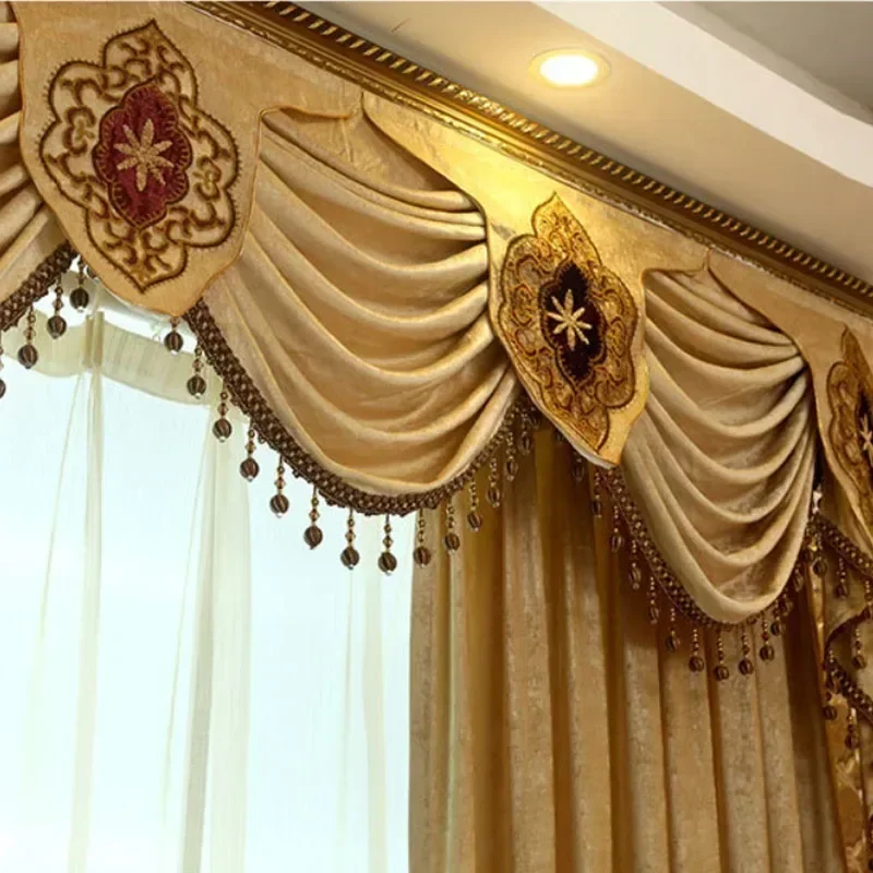 Customized European Valance Curtains for Living Dining Room Bedroom Golden Embroidered High-precision Blackout Curtains Decor