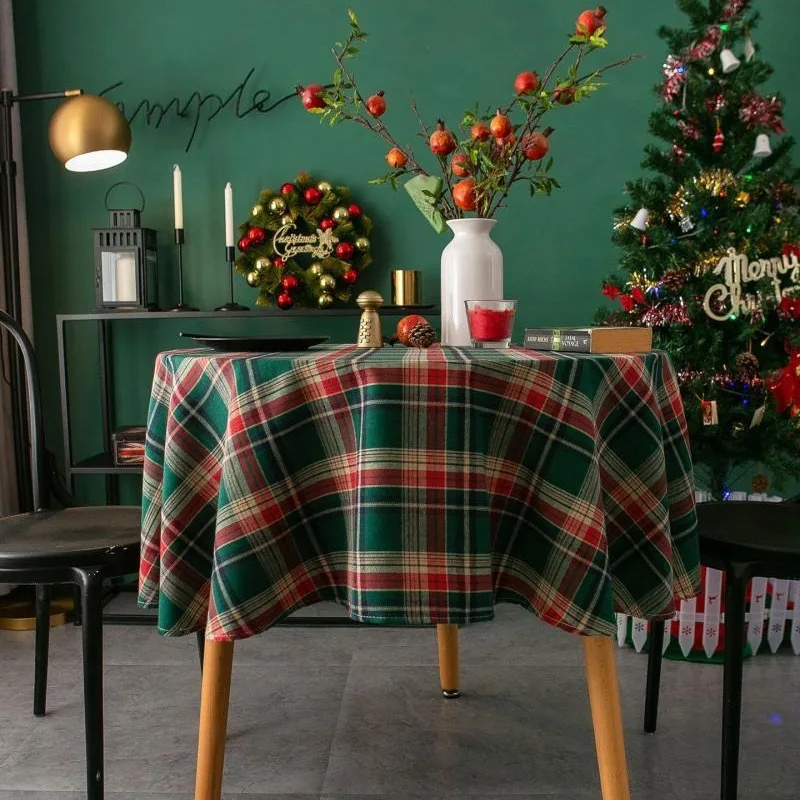 Round Tablecloth Christmas Decoration Plaid Table Cover for New Year Family Gathering Restaurant Party Dinner Home Decoration