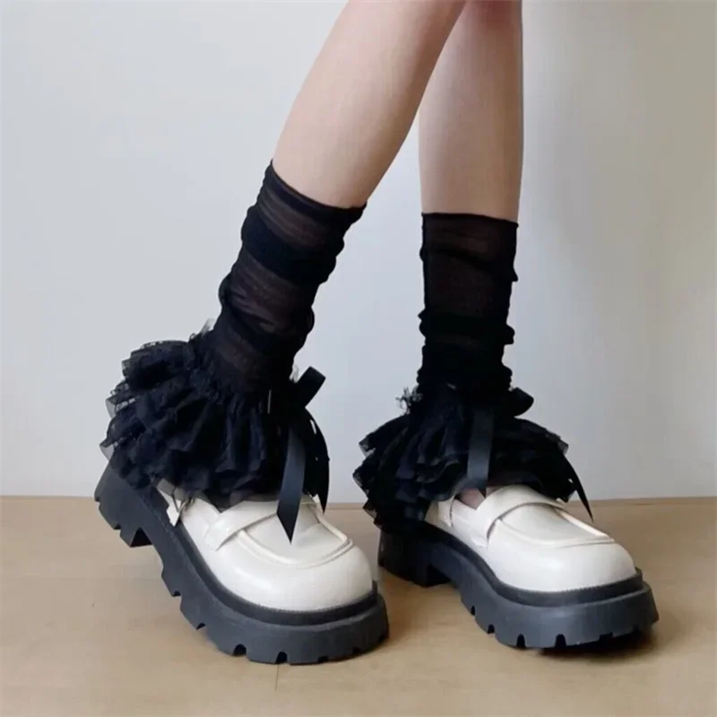 

Japanese Lolita Gothic Women Lace Leg Warmers Cute Bows Layered Ruffle Boot Cover Cuffs Y2K Aesthetic Streetwear Long Socks