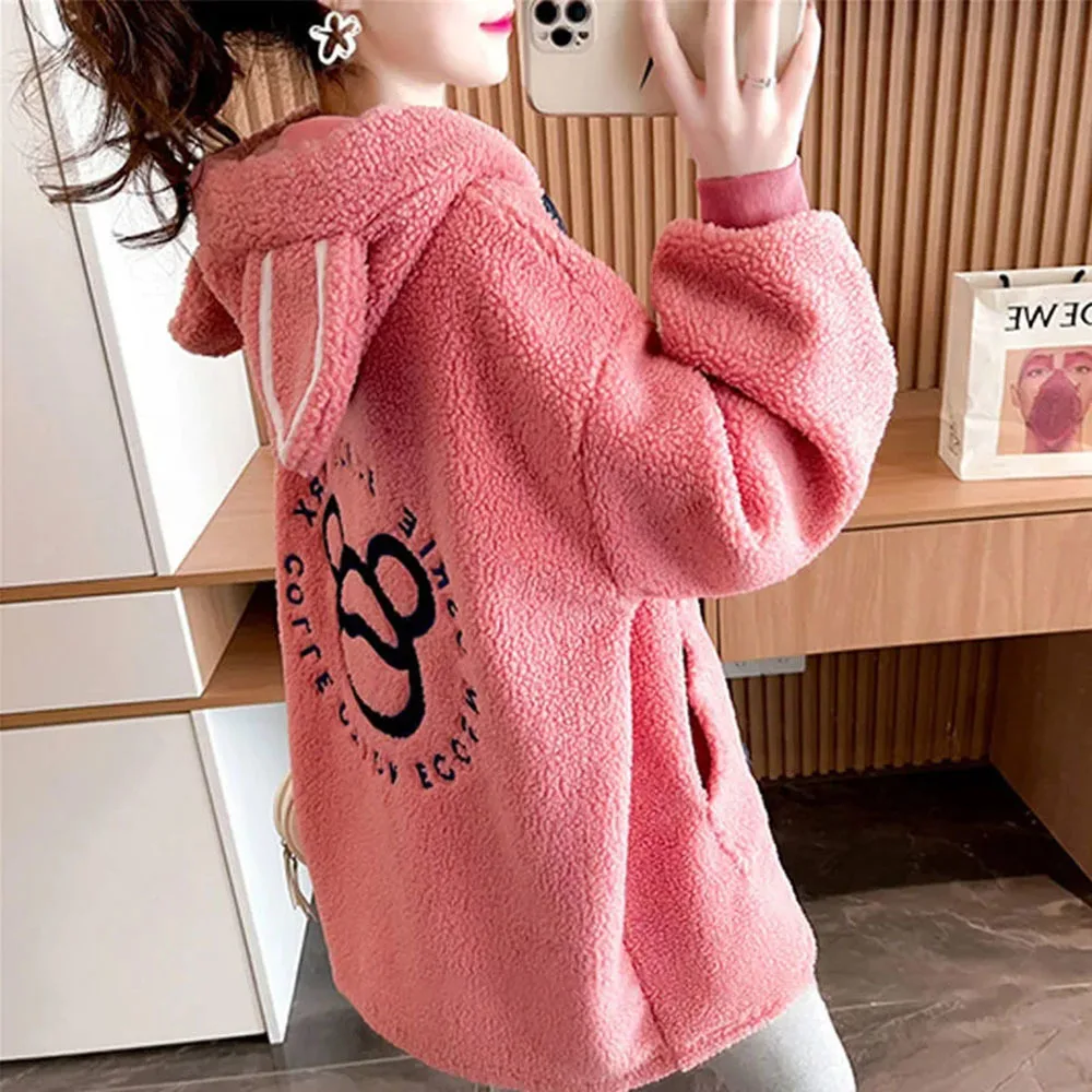 Casual Pink Kawaii Plush Sweatshirt Jacket Warm Rabbit Ears Hoodies Female Autumn Winter Cute Cartoon Print Sweatshirts Pullover