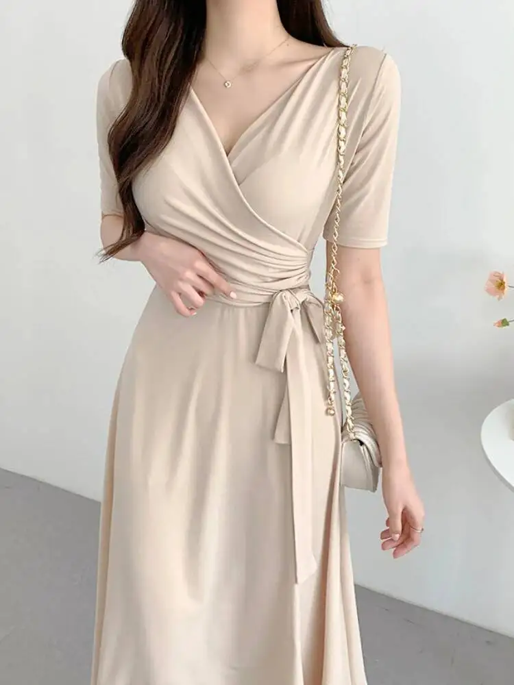 المرأة أنيقة مكتب فستان طويل الصيف مثير الخامس الرقبة قصيرة الأكمام عالية الخصر ضمادة فساتين السيدات الصلبة عادية الكورية رداء طويل