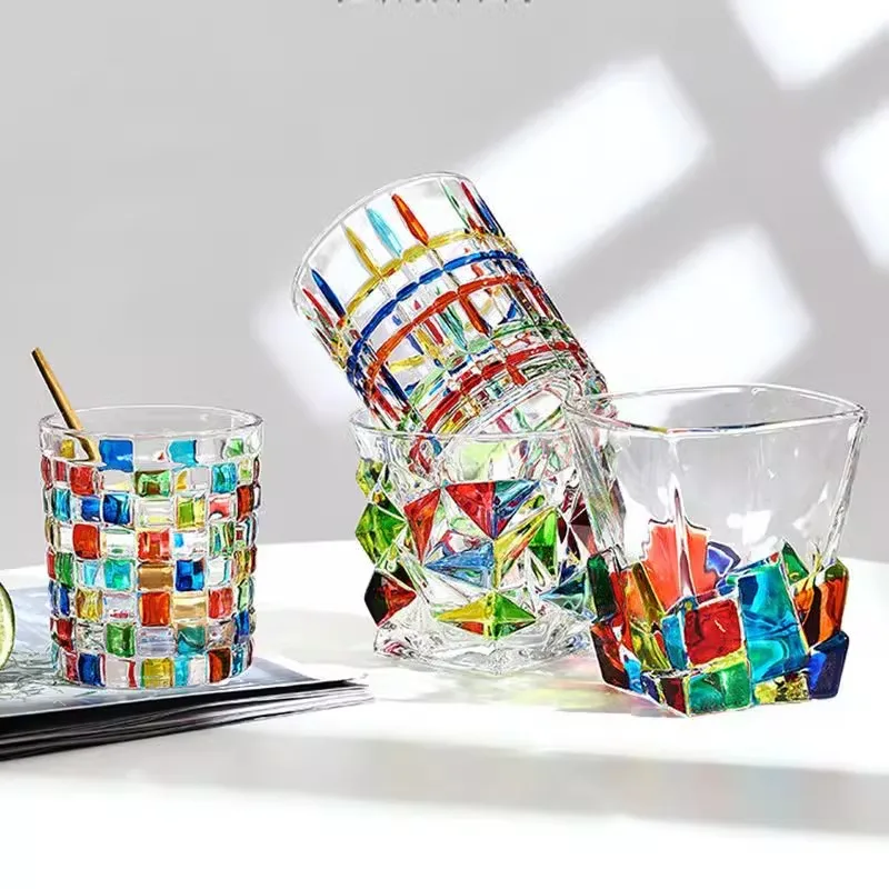 European-Style Coulorful Lines Hand-Painted Lines Woven Crystal Stained Juice Cup Whiskey Glass Personalise Gift Bar Accessory