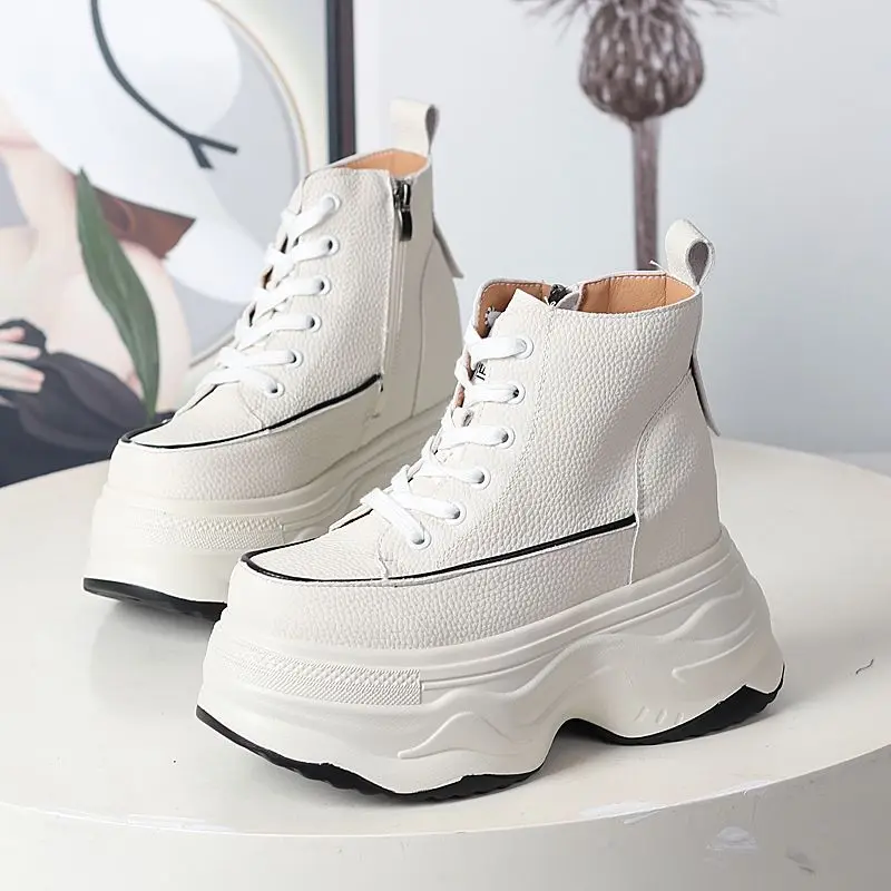 

2026 New 10cm 12CM Platform Wedge Shoes Leather Spring Autumn Walking Sneakers Hidden Heels Women Autumn Chunky Sneaker Fashion