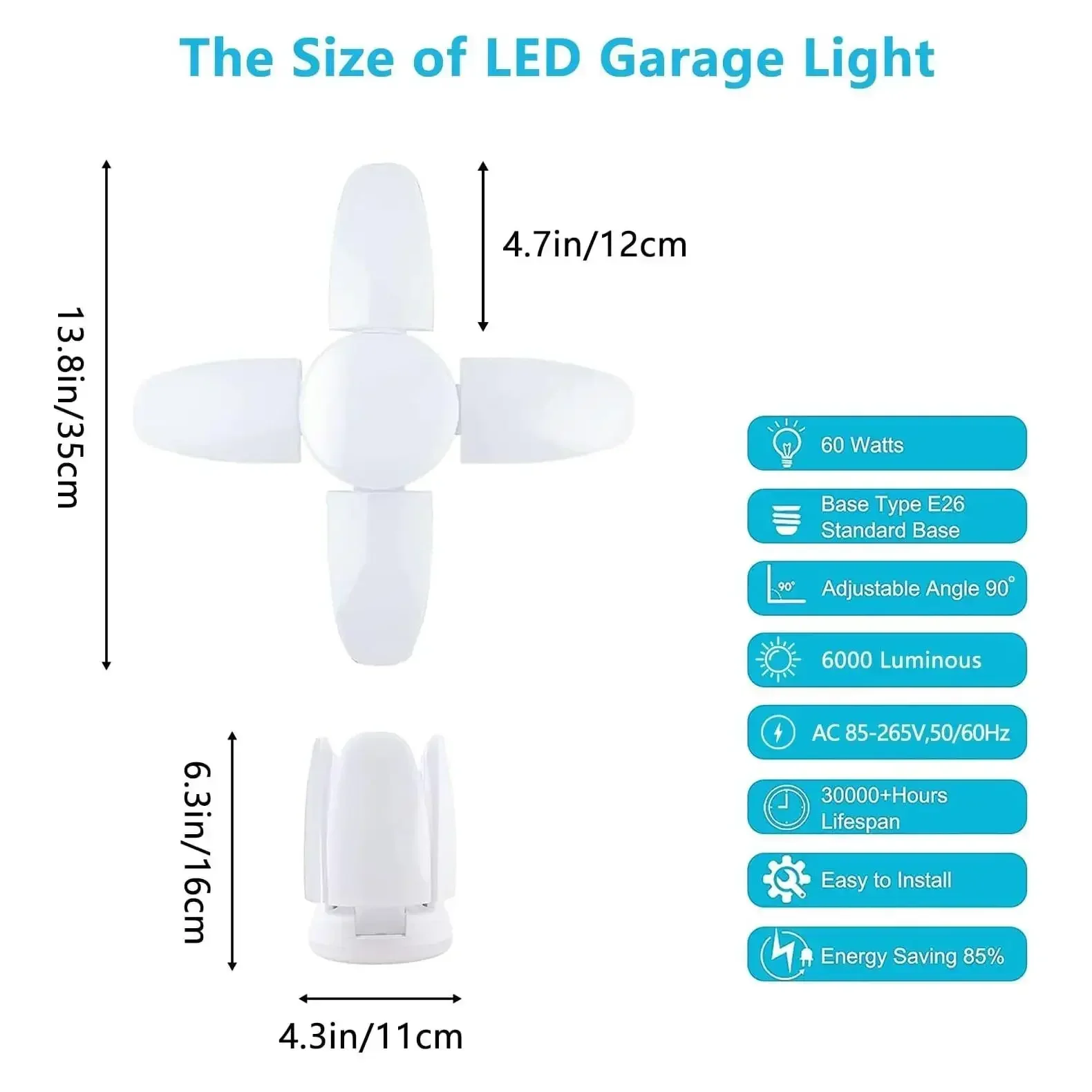 LED Garage Light 3Pack 60W Deformable Ceiling  for Warehouse Workshop Basement Barn with Radar Motion Sensor,Remote Control