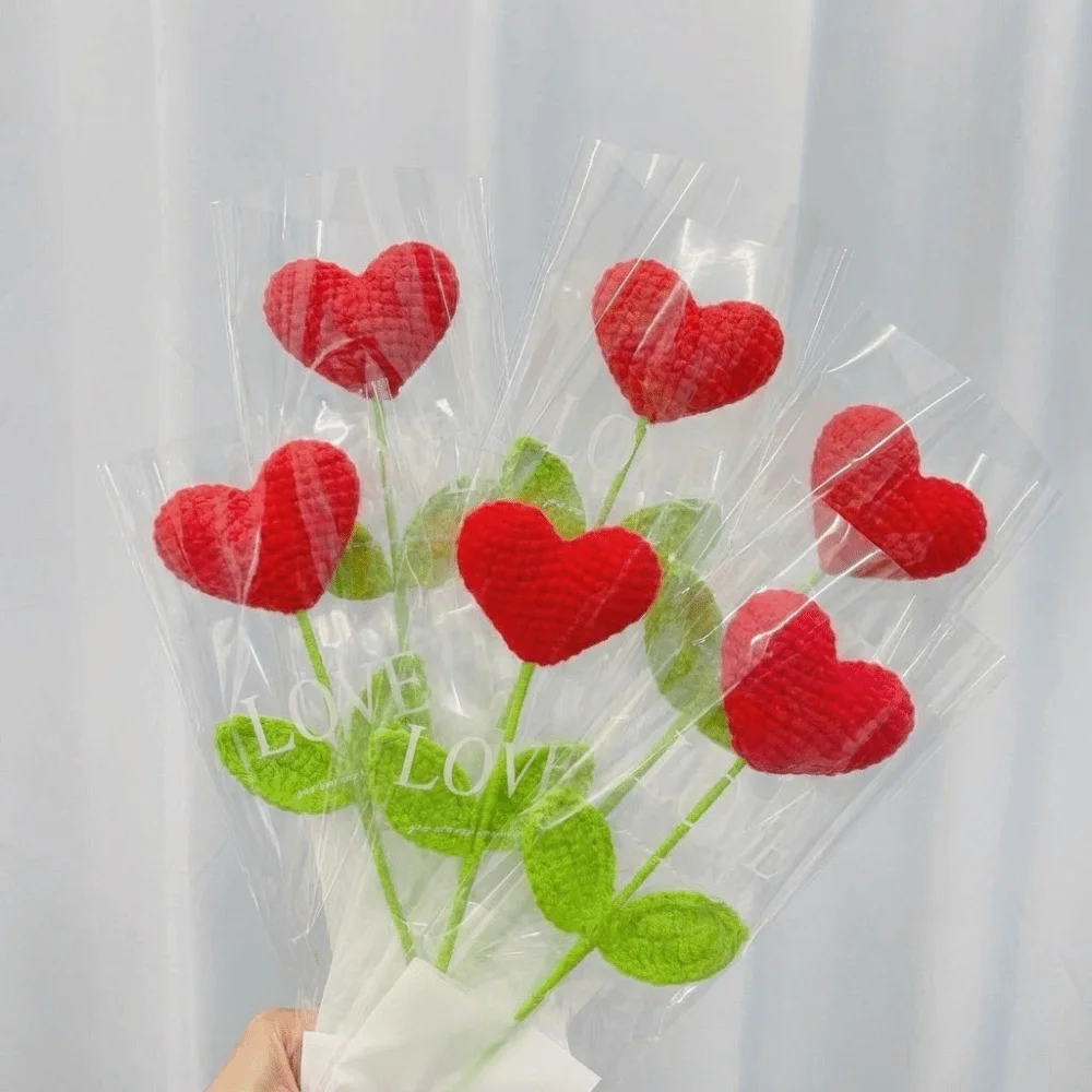 1 Pieza de Flor Tejida en Forma de Corazón Rojo, Regalo para el Día de San Valentín o el Día de la Madre, Ramo de Flores Tejidas a Crochet, Decoración para el Hogar, Hecho a Mano