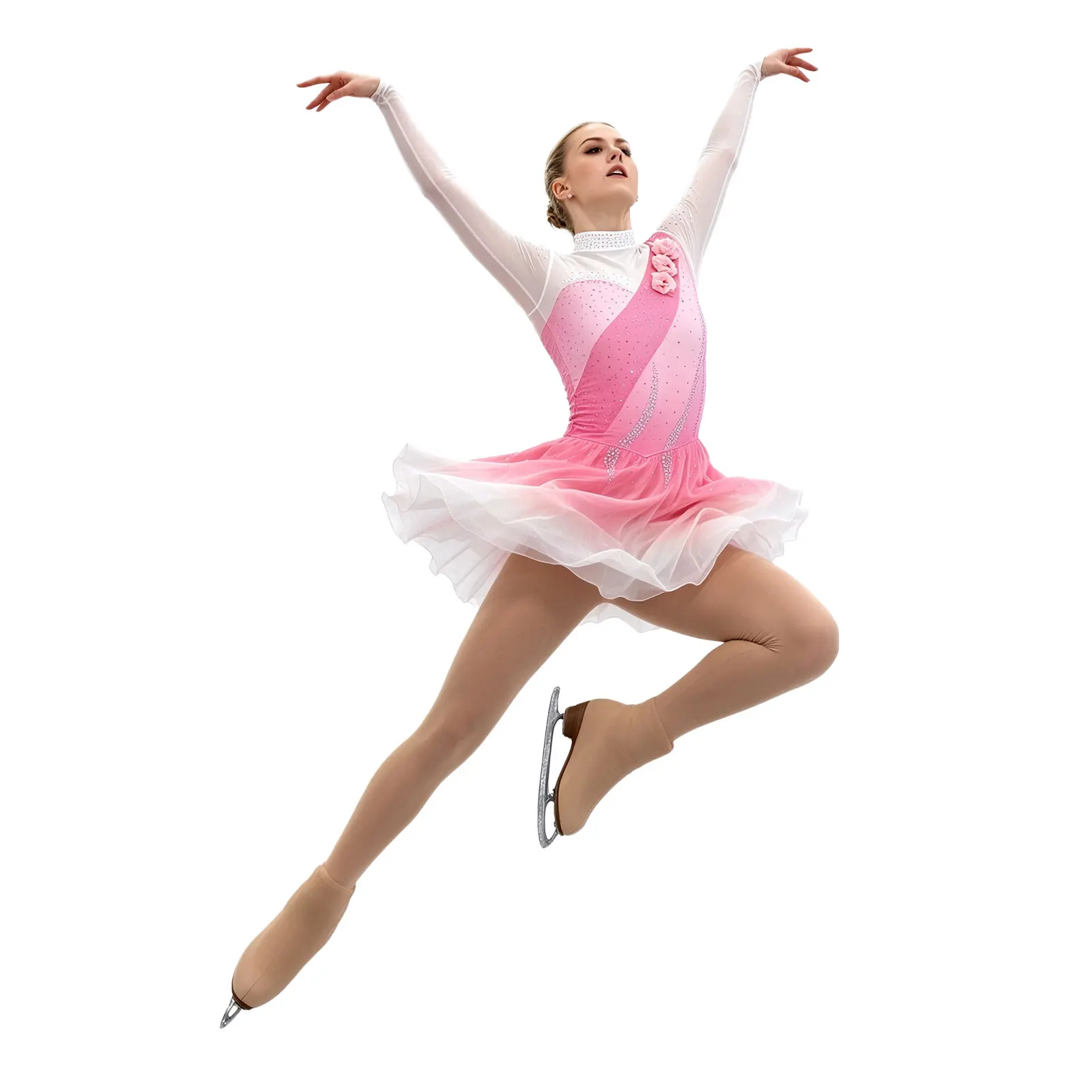 Women 3D Flower Applique Figure Skating Gradient Dress Long Sleeve Flowy Hem Bodysuit Dress for Ballet Dance Stage Performance