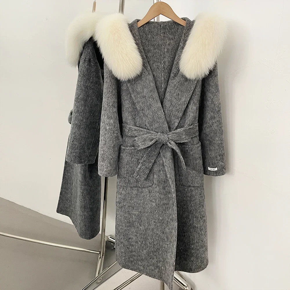 OFTBUY Luxuriöse Wolljacke mit Echtfellkragen und Kapuze, 100% Wollmantel für Damen, Neue Herbst-Winter-Lange Kleidung mit Natürlichem Fell – Detail 15