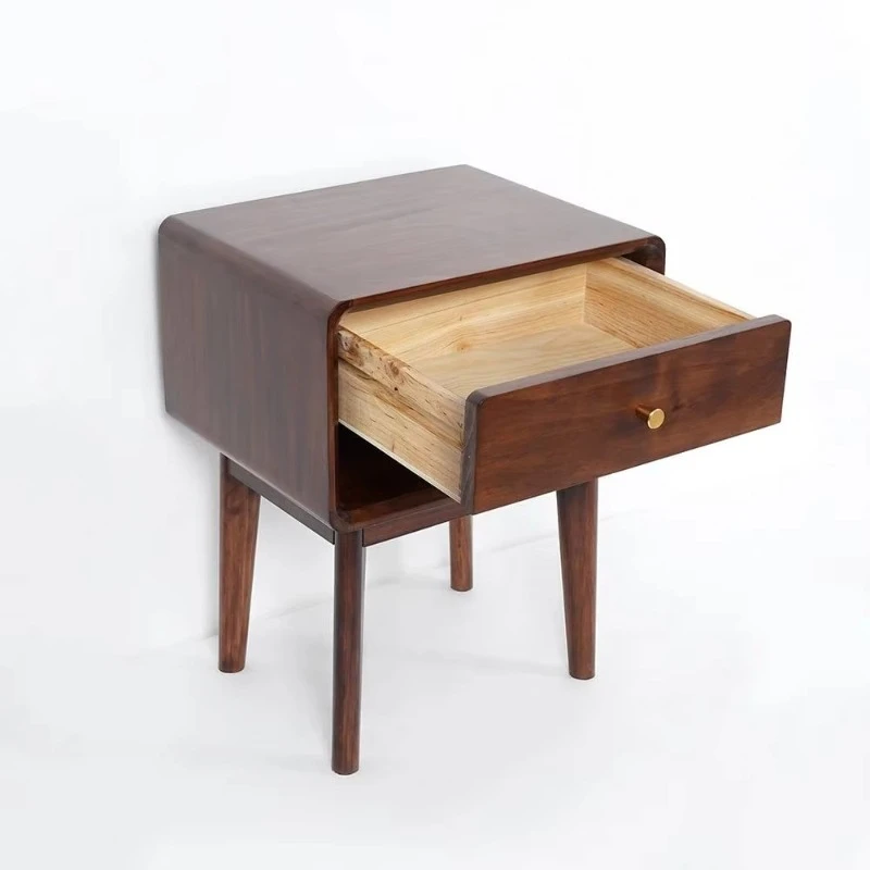 Rustic walnut drawers bedside table with brass pull wood bedside table