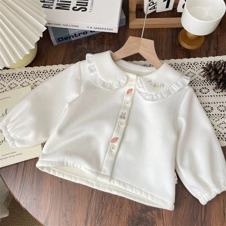 Girl's Spring and Autumn Winter Shirt, Baby's Fashion Children's Thickened One Piece Velvet Lace Letter Cartoon Shirt