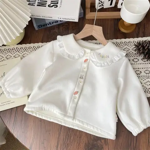 Girl's Spring and Autumn Winter Shirt, Baby's Fashion Children's Thickened One Piece Velvet Lace Letter Cartoon Shirt