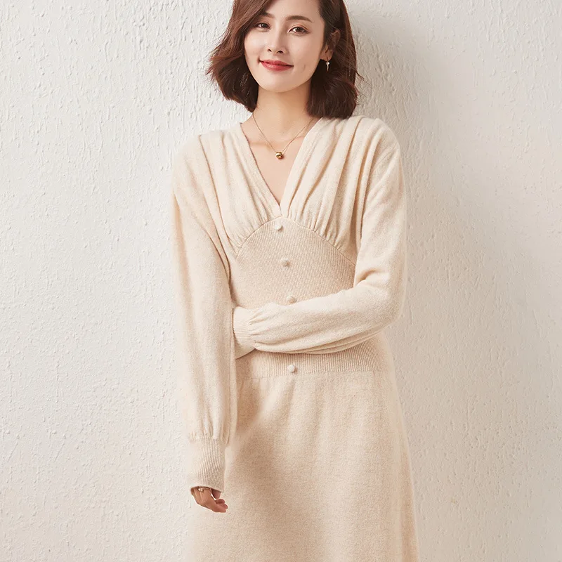 Autumn and winter new wool dress cold wind women's small fragrance knitted V-neck long-sleeved dress