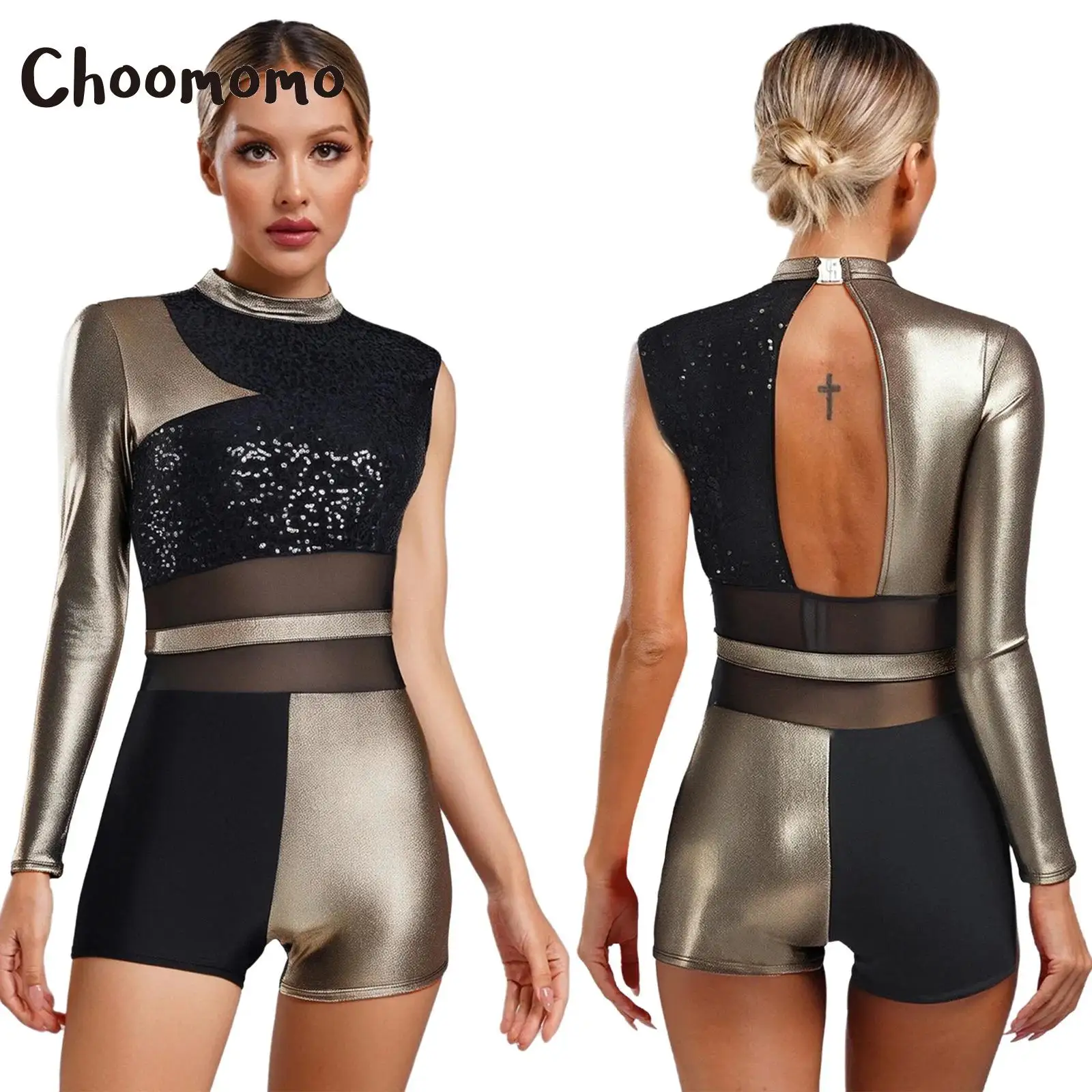 

Women Latin Dance Leotard Jazz Bodysuit Boyshort One Shoulder Sequins Metallic Shiny Tango Cha Cha Ballet Ballroom Dance Costume