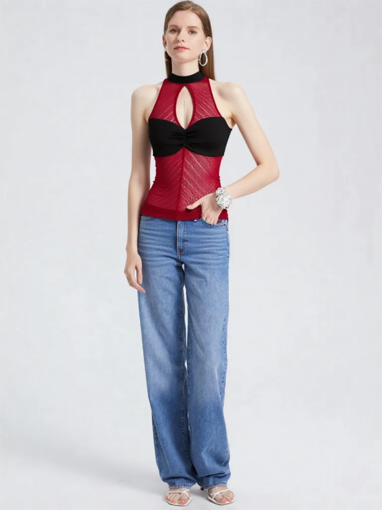 2026 Summer Design Mock Neck Mesh Sheer Cami Women Contrast Color Slim Sleeveless Top Black Red