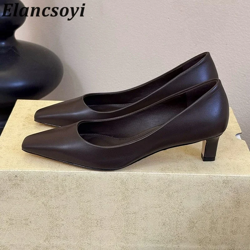 Women Single Shoes Genuine Leather Square Toe High Heels Shallow Mouth Pumps Spring Autumn Sexy Kitten Heels Commute Shoes