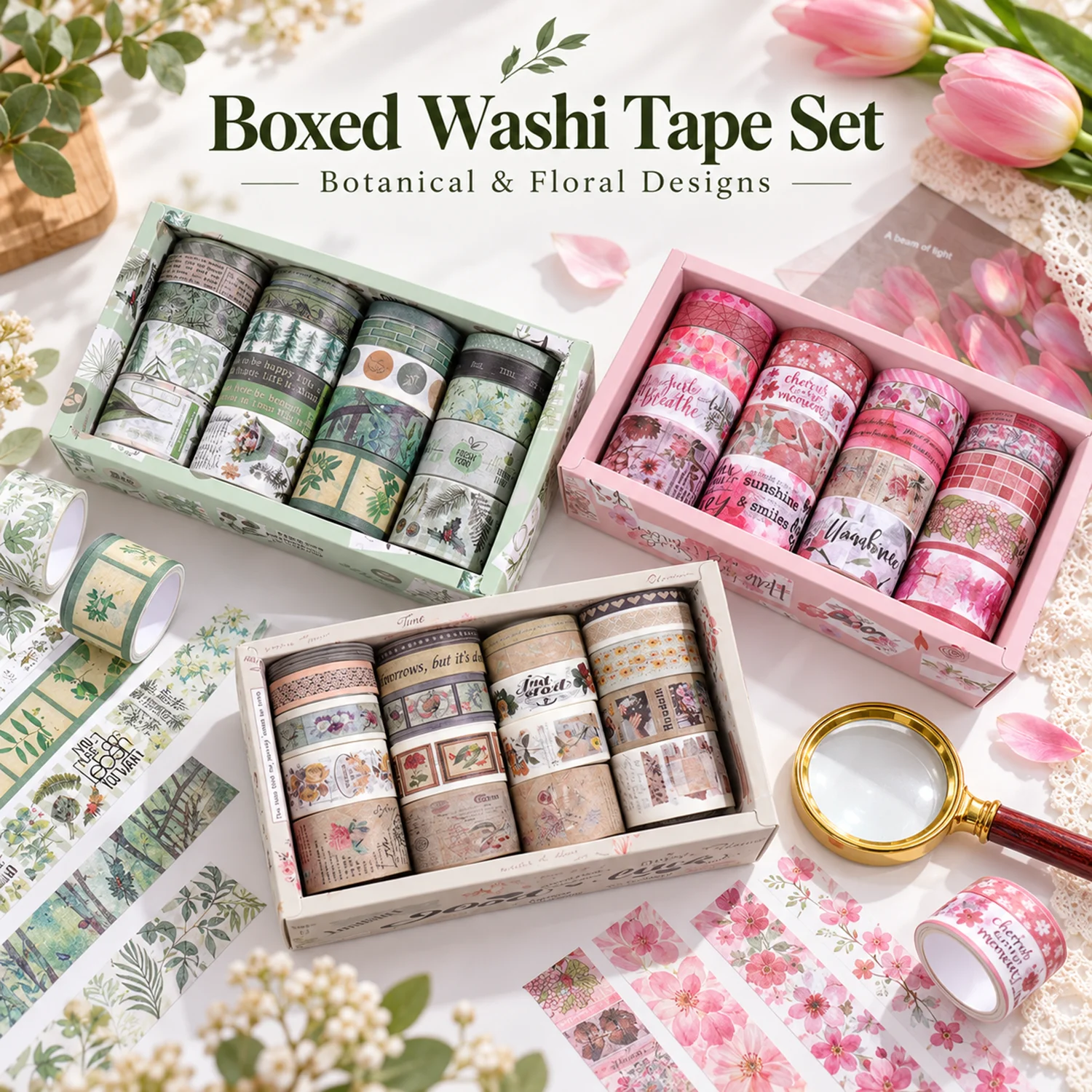 Vintage Green Floral Washi Tape 20 Rolls Boxed Set Botanical Decorative Tape for Bullet Journals Scrapbooking Planners DIY Craft