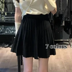 Knitting Mini Skirts Women Pleated Elastic Waist Faldas 7-colors Korean Fashion Simple Ins Autumn Casual All-match Vintage Girls