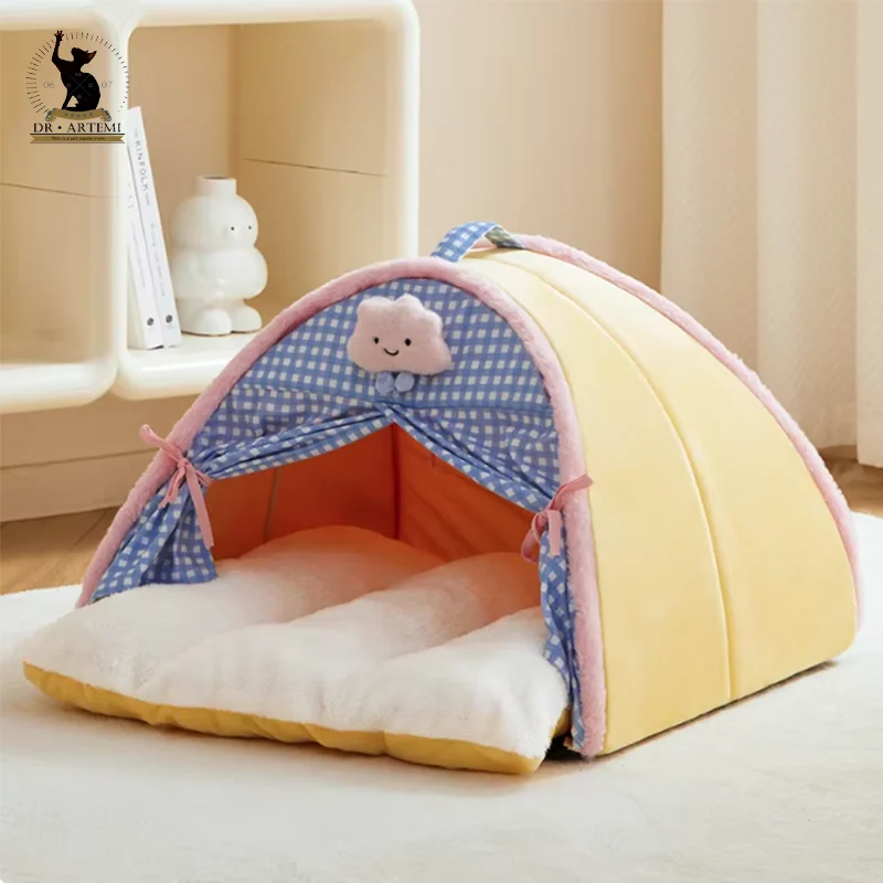 Luxurious Semi-Enclosed Cat Dog Kennel Bed, Teepee Tent Mattress, Cute Decorative PP Cotton Filling, Warm Breathable, All Season