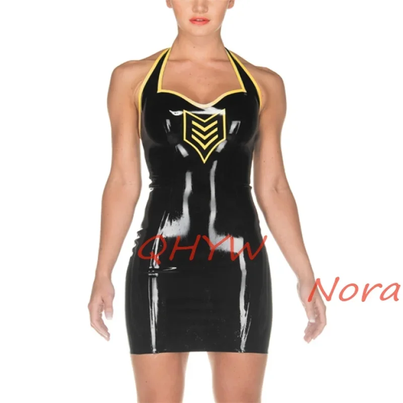 Latex Dress Neck Entry Rubber Gummi Black with Yellow Trim Women Sleeveless Skintight Dress for Women