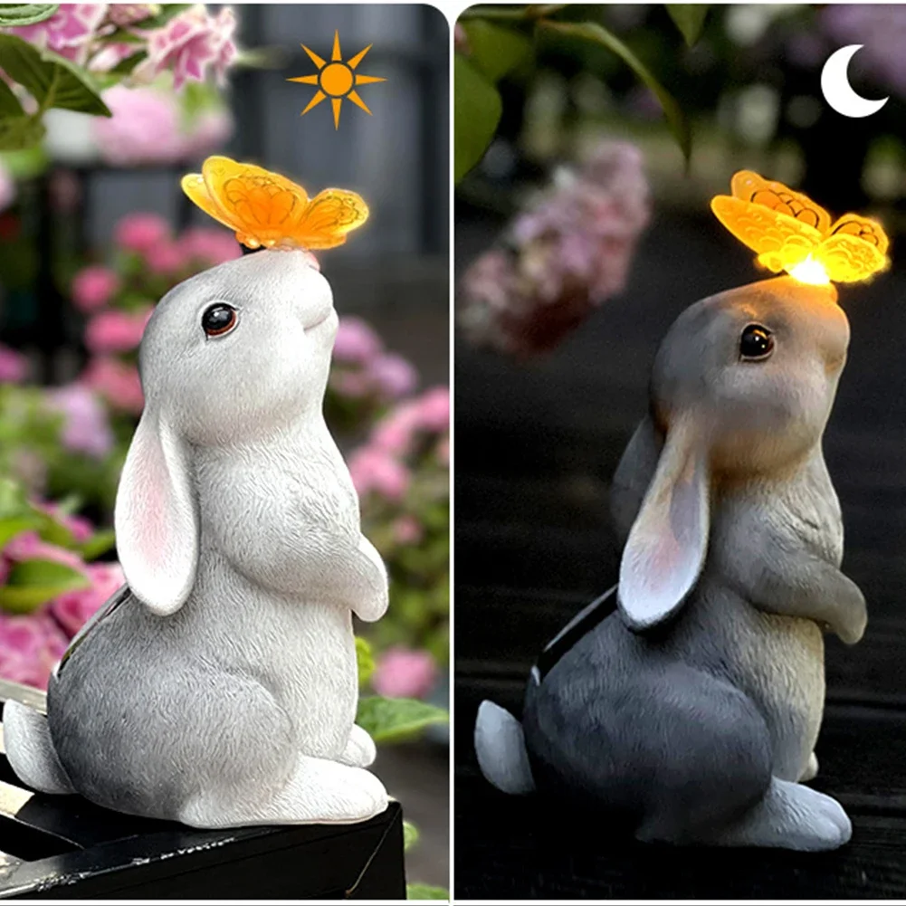 Solar Bunny Statue Decor with Butterfly Resin Animal Sculpture Solar LED Lights Figurine Outdoor Deco for Garden Courtyard