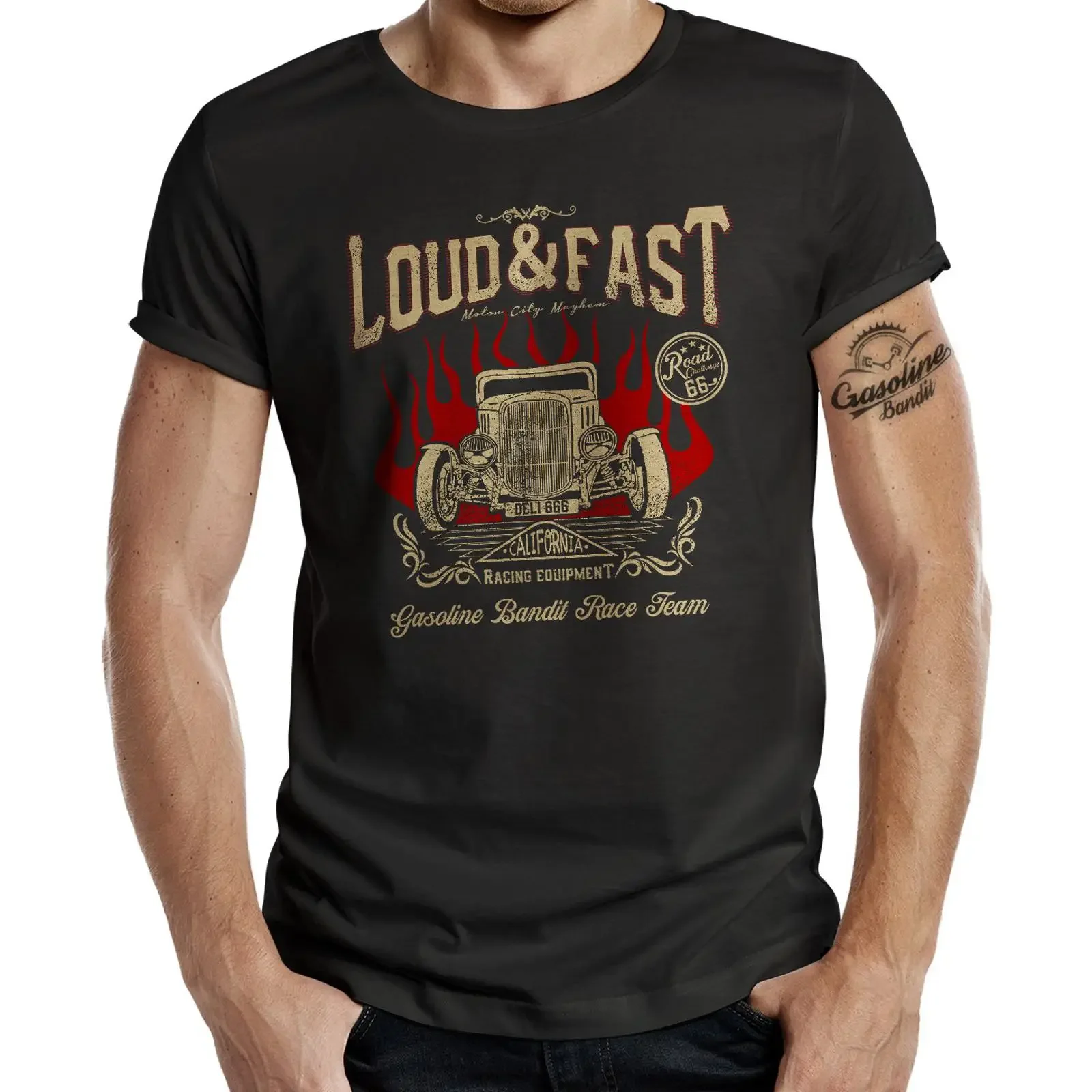 Biker T Shirt Racer Hot Rod Design Loud Fast vintage Washed Stylish Versatile Stretched Soft Comfortable Casual Breathable