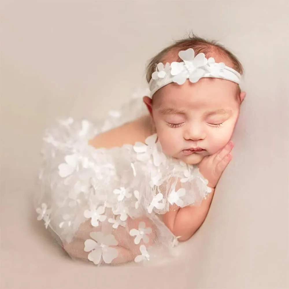 Newborn Girl Photoshoot Outfits Lace Newborn Photography Outfits Elastic Romper with Headband Baby Elegant Gorgeous Photography